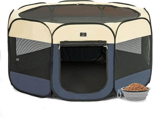 A4Pet Collapsible Playpen, 39.5” Portable Dog Playpen with Bowl, Suitable for Puppies, Kittens, and Small Animals, Removable Zipper & Mesh Panel(16”W × 10”H)-PawvioPets