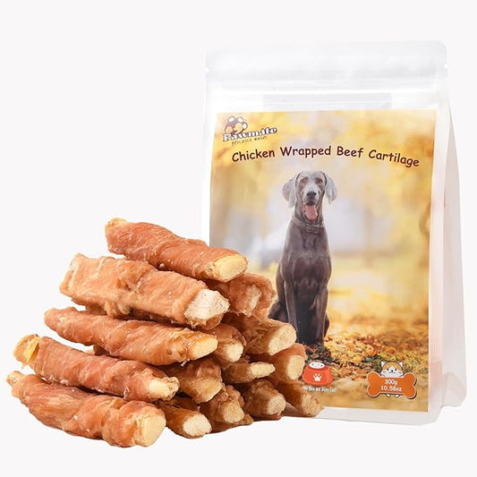 Dog Treats Chicken Wrapped Beef Cartilage w/Calcium Supplement, Long-Lasting Rawhide Free Grain Free Training Treats Snacks for Small Medium Large Dogs, 12 Counts, 10.6oz-PawvioPets