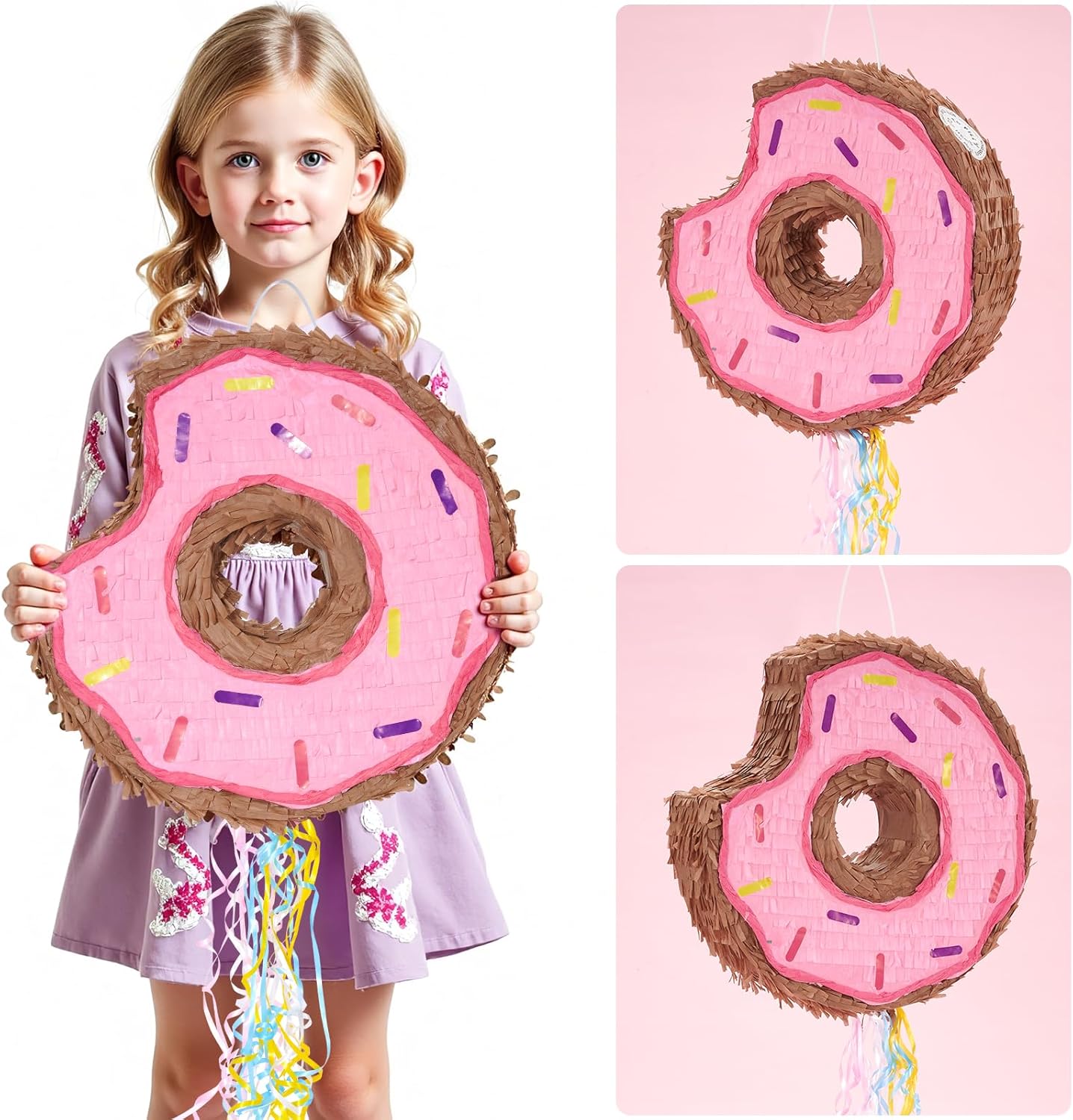 WERNNSAI Donut Piñata - Pink Donut Pinata with String Birthday Partyn Decorations Piñata with Stick Blindfold for Girls Kids Dount Pull String Pinata Family Games Birthday Party Supplies