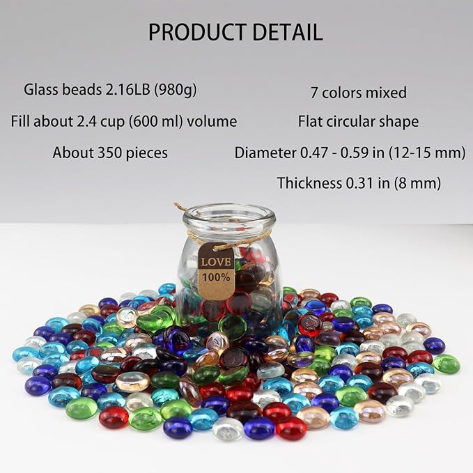 2.16LB Glass Beads Mix Colors Vase Filler Aquarium Gravel Decor Flat Glass Marbles Gems Pebbles Fish Tank Rocks Home Decorative Art Craft - 7 Colors Mixed-PawvioPets