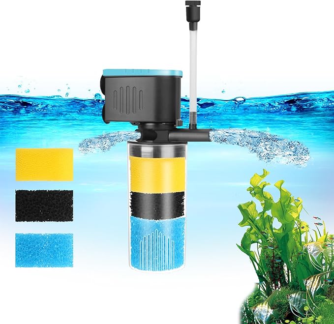 Aquarium Filter 3-Stage in-Tank Filter, Small Internal Fish Tank Filter, Submersible Pumps Filter for 5-20 Gallon Tanks, Turtle Tank Filter, with Dual Water Outlet & Aeration-PawvioPets