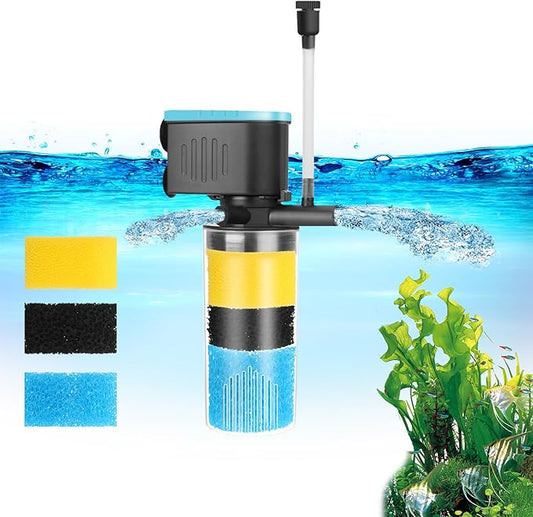 Aquarium Filter 3-Stage in-Tank Filter, Small Internal Fish Tank Filter, Submersible Pumps Filter for 5-20 Gallon Tanks, Turtle Tank Filter, with Dual Water Outlet & Aeration-PawvioPets