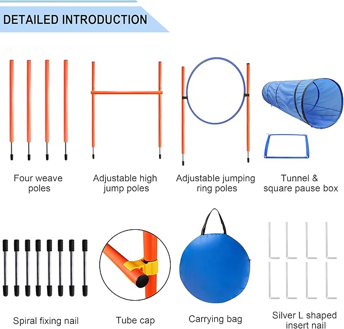 Dog Agility Training Equipment, Obstacle Agility Training Starter Kit for Doggie, Including Tunnel, 13 Weave Poles, Adjustable Hurdle, Jump Ring, Pause Box and Carrying Bag(Blue)-PawvioPets