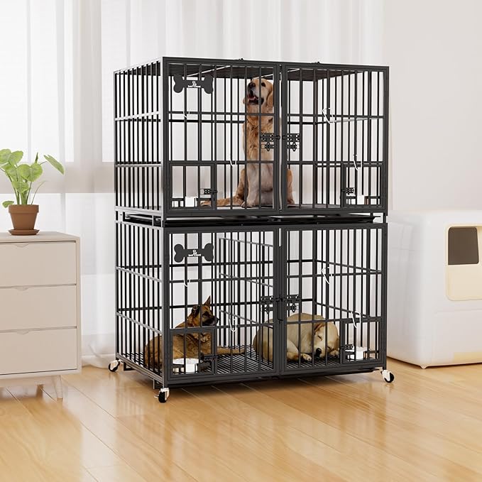 aboxoo 42 inch Stackable Heavy Duty Metal Dog Crate for 4 Dogs/Large Dog,All Metal Open Top Access,Escape Proof Cage,Dog Kennel Indoor with Wheels,Floor Grid, Tray, Divider and Feeding Bowl-PawvioPets