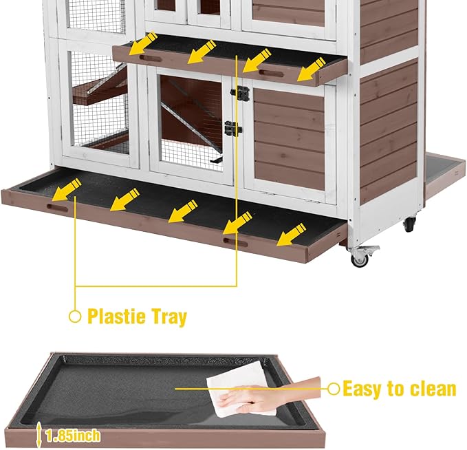 Aivituvin Rabbit Hutch Indoor, Bunny Cage with Wheels, 2-Story Design, 2 Deep Trays, Anti Slip Ramp, Ideal for Small Animals - Brown-PawvioPets