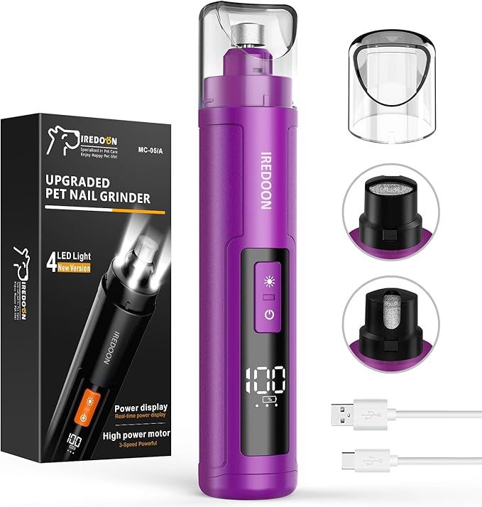 Dog Nail Grinder Upgraded - Professional 3-Speed Super Quiet and Low Vibration Electric Pet Nail Grinder with 4 LED Lights - Painless Paws Grooming & Smoothing for Small to Large Dogs (Purple)-PawvioPets