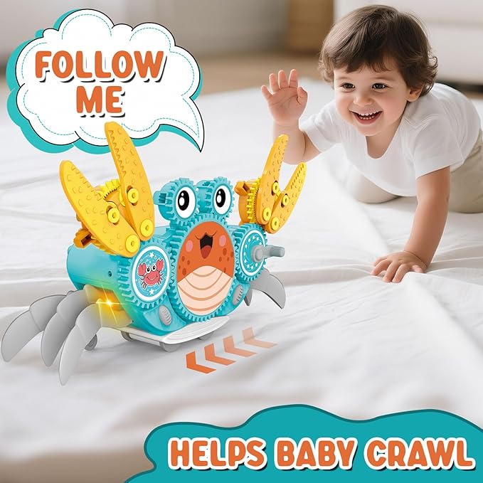 Alritz Crawling Crab Baby Toy, Developmental Tummy Time Toys for Crawling, Walking Crab Toy DIY Gear-building, with Sensory Light-Up, Dancing Crab Toys for Infant Boys Girls 3-6 6-12 36 Months Age 3 +-PawvioPets