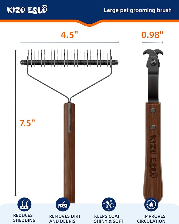 Extra Large 2-Sided Undercoat Rake for Dogs & Cats, Dog Brush for Shedding Remove Mats, Dematting Comb, Safe&Gentle Grooming Brush for German Shepherds Medium to Long-Haired Pets, Wooden Handle(Black)-PawvioPets