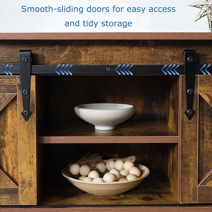 Entryway Table with Storage, Farmhouse Buffet Cabinet Coffee Bar Kitchen Island with Sliding Barn Doors & Shelves, Console Table for Kitchen, Dining Room, Living Room, Brown-PawvioPets