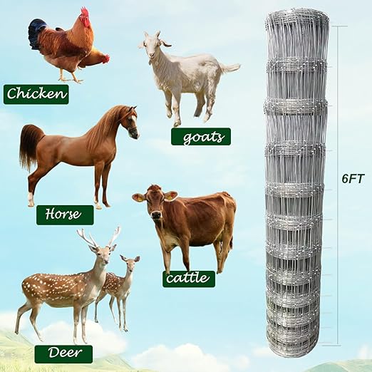 Farm Fence 6ft x 100ft Heavy Zinc Coating Field Wire Fencing, Deer Fence, Galvanized Livestock Fence,Goat Fence,Hog Wire Fencing, Garden Fencing Used to Yard and Garden-PawvioPets