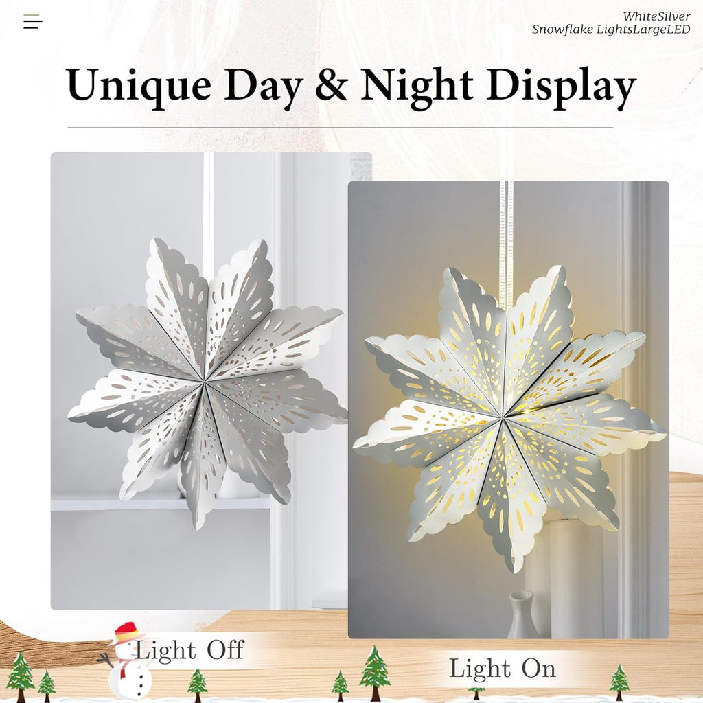 5 Pcs Christmas Paper Snowflake Lanterns, Large 3D Christmas Paper Star Lanterns with LED Lights, White Silver Hanging Snowflake Lamps for Xmas Winter Frozen Weddings Holiday Party Decorations