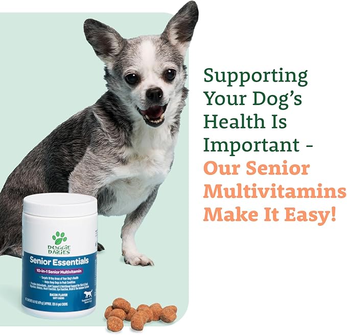 Doggie Dailies Senior Essentials Multivitamin for Dogs Soft Chews | Advanced Dog Multivitamin | Nutritional Support for Joints, Skin & Coat, Digestion, and the Immune System | Bacon Flavor | 120 Count-PawvioPets