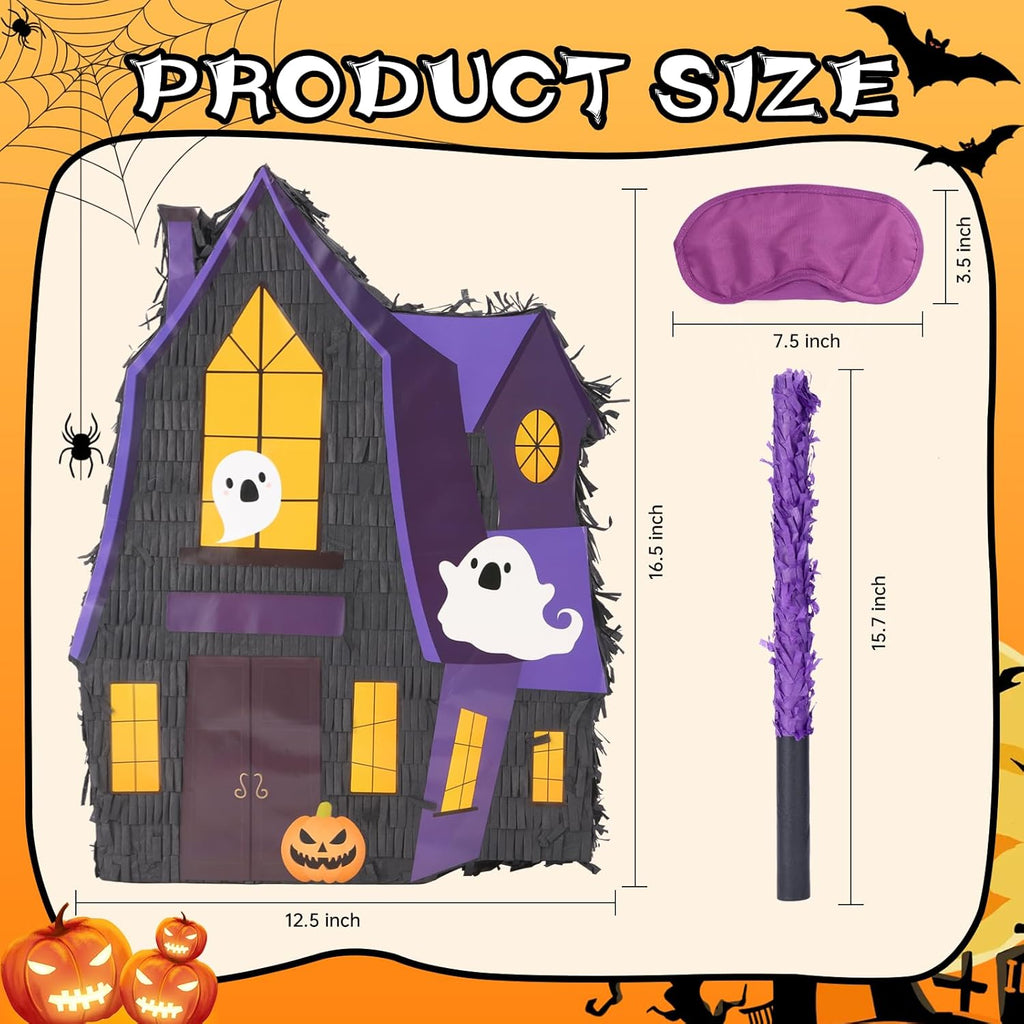 Halloween Haunted House Pinatas Bundle with a Blindfold and Bat (16x12.5x4 Inches), Ghost Castle Pinata, Party Games and Decoration