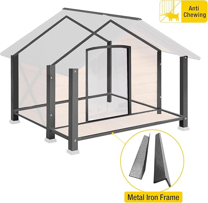 Aivituvin Dog House with Anti-Chewing Metal Frame Outdoor Large Wooden Dog Kennel Outside with Overhang Roof Large Porch Weatherproof-PawvioPets