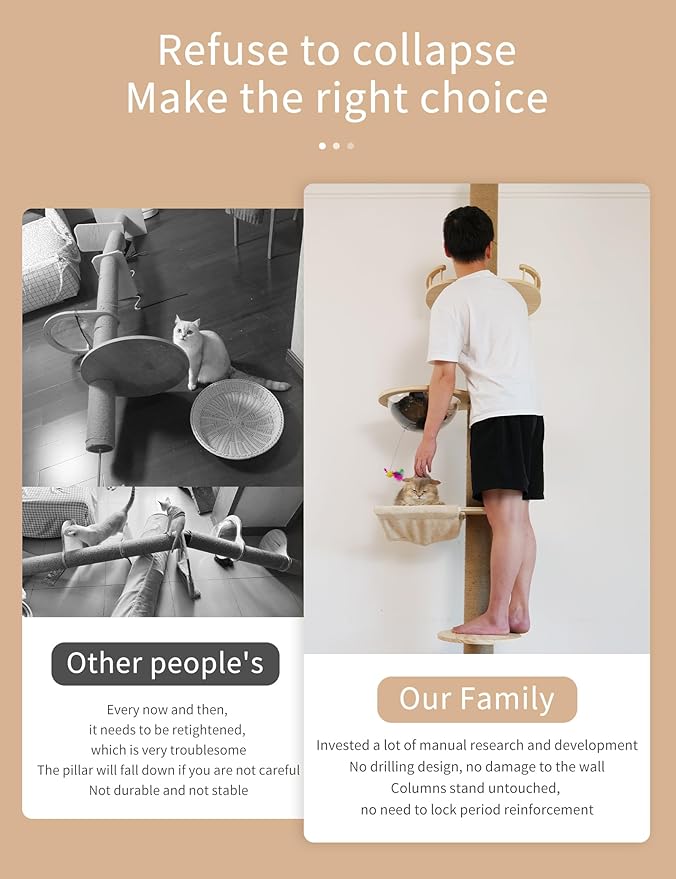 Floor-to-Ceiling Cat Tree with Natural Sisal Rope Scratching Post - Adjustable Height (55-119 Inches) - Modern Cat Activity Tree, Cat Scratcher Post-PawvioPets