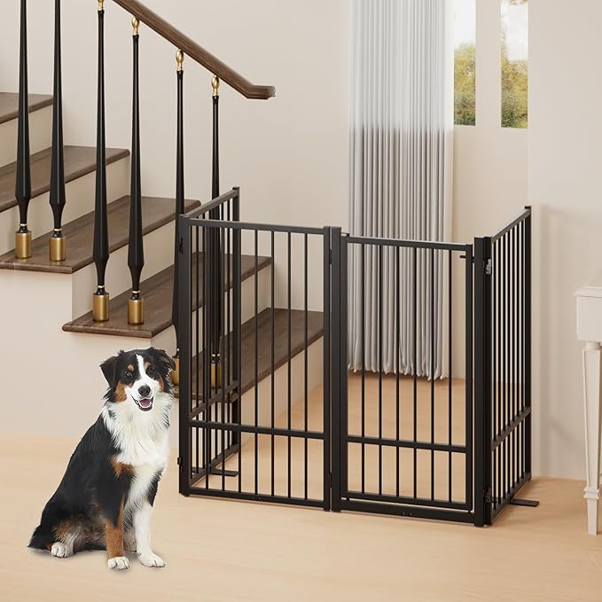Full Metal Freestanding Dog Gate with Door, 36''Height Foldable Pet Dog Fence for Indoor & Outdoor, 4 Panels Extra Wide Free Standing TallDog Gates for Doorways,House,Stairs,Porch,Deck,Yard-PawvioPets