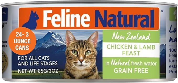 Feline Natural New Zealand Canned Catfood Wet Food, High-Meat, Low-Carb, & Grain Free Cat Food Wet, Chicken & Lamb Feast, 3 oz, Pack of 24-PawvioPets