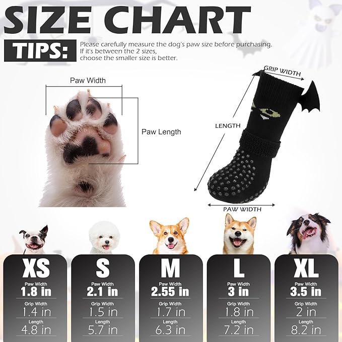 EXPAWLORER Halloween Anti Slip Dog Socks to Prevent Licking Paws, Boots & Paw Protectors with Grippers,Doggie Booties for Hardwood Floors for Small Medium Large Senior Dogs Costume Black Devil Wings L-PawvioPets