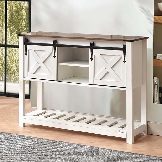 Entryway Table with Storage, Farmhouse Buffet Cabinet Coffee Bar Kitchen Island with Sliding Barn Doors & Shelves, Console Table for Kitchen, Dining Room, Living Room, White-PawvioPets