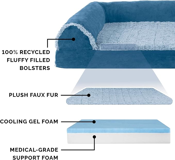 Furhaven Cooling Gel Dog Bed for Large Dogs w/ Removable Bolsters & Washable Cover, For Dogs Up to 125 lbs - Two-Tone Plush Faux Fur & Suede L Shaped Chaise - Marine Blue, Jumbo Plus/XXL-PawvioPets