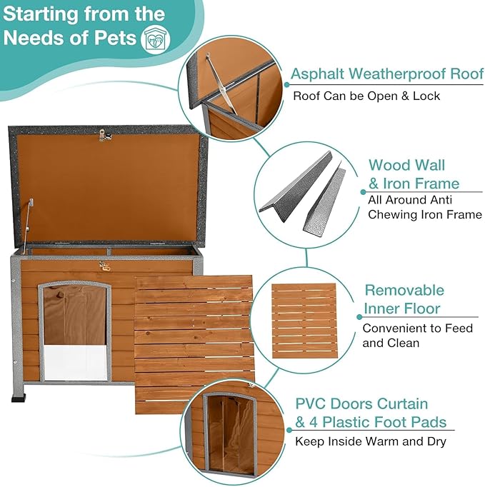 Feral Dog House Outdoor,Anti Bite Iron Frame Dog Kennel,Wood Warm Pets Home,Insulated Weatherproof Outside Shelter for Feral Animal (33.5"(L)×22"(W)×25.2"(H)-Brown-in)-PawvioPets