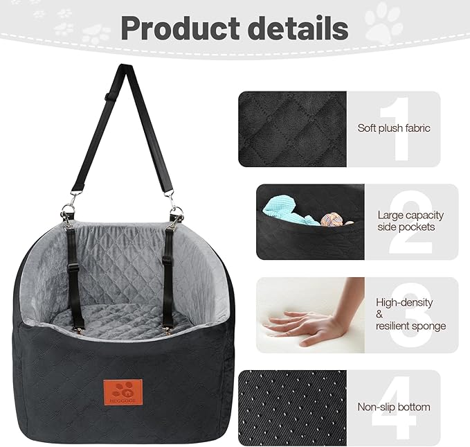 Dog Car Seat for Small Medium Dogs, Memory Foam Booster Car Seat for Dogs up to 35 lbs, Elevated Pet Car Seat with Washable Removable Cover and Storage Pockets (Black/Gray)-PawvioPets