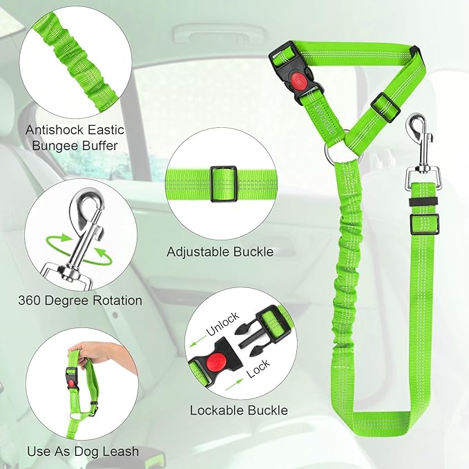 BWOGUE Pet Dog Cat Seat Belt Reflective Car Dog Headrest Restraint Leash Elastic Buffer Bungee Adjustable Tangle-Free Safety Leads Vehicle Seatbelt Harness for Small, Medium and Large Dogs (1 Pack)-PawvioPets