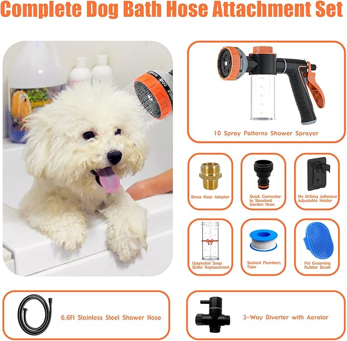 Dog Washing Hose Attachment for Pet Bathing with Black Shower Diverter, Pup Dog Wash Hose Nozzle Shampoo Sprayer for Indoor Outdoor Pet Shower, Dog Shower Attachment with Dog Brush-PawvioPets