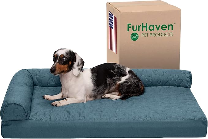 Furhaven Cooling Gel Dog Bed for Medium/Small Dogs w/ Removable Bolsters & Washable Cover, For Dogs Up to 35 lbs - Pinsonic Quilted Paw L Shaped Chaise - Bluestone, Medium-PawvioPets