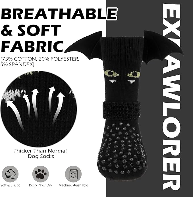 EXPAWLORER Halloween Anti Slip Dog Socks to Prevent Licking Paws, Boots & Paw Protectors with Grippers,Doggie Booties for Hardwood Floors for Small Medium Large Senior Dogs Costume Black Devil Wings L-PawvioPets