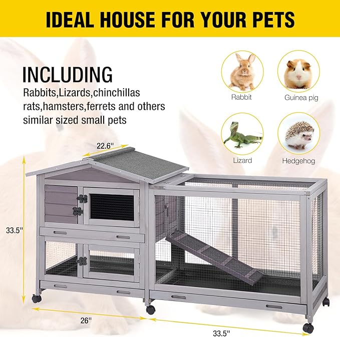 Aivituvin Rabbit Hutch Outdoor Rabbit Cage Indoor with Casters Bunny Cage Chikcen Coop for Small Animals with Pull-Out Tray(Grey)-PawvioPets