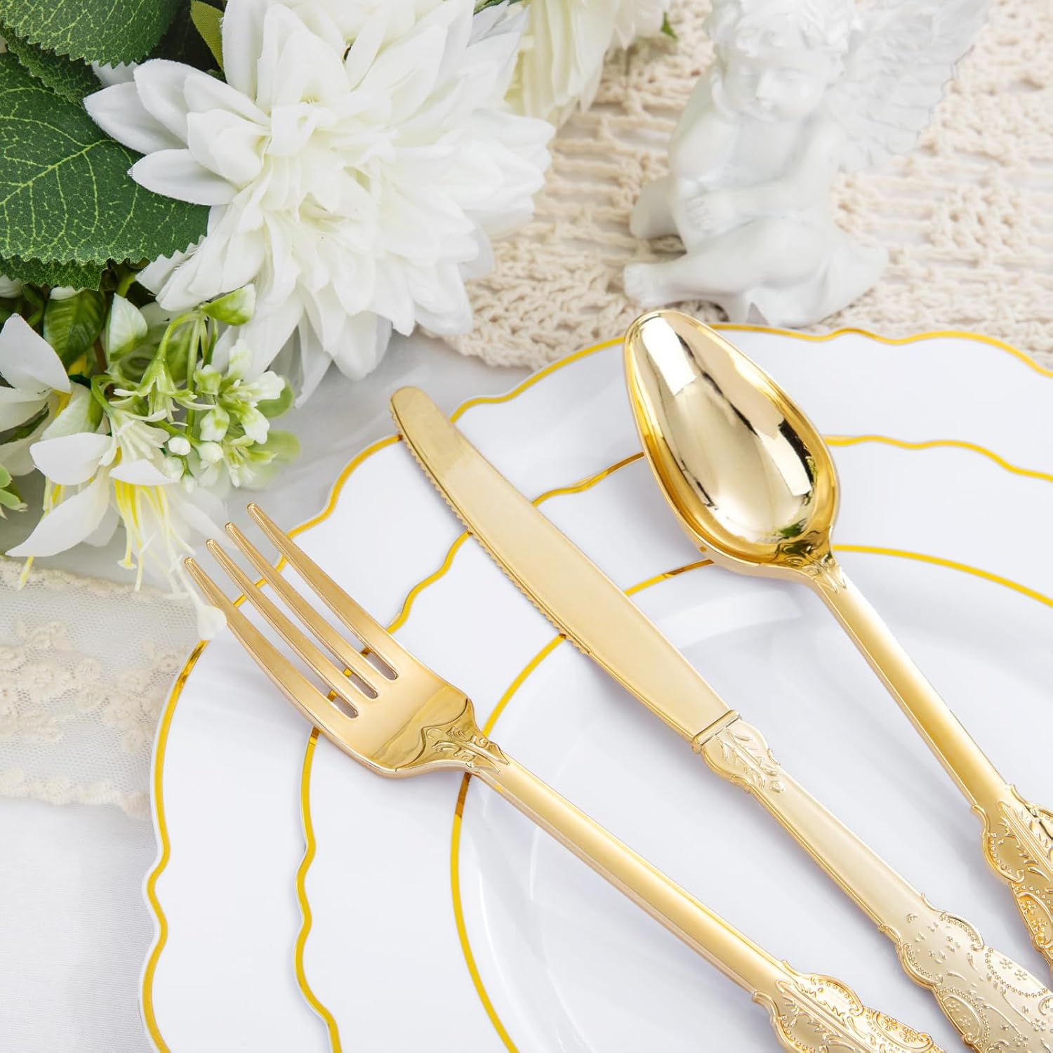 Liacere 350PCS Gold Plastic Plates-Disposable White and Gold Plates 50guest Baroque Plastic Dinnerware include 100Plates, 50Pack Pre Rolled Napkins with Silverware 50Cups for Wedding&Thanksgiving