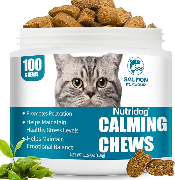 Cat Calming Treats - 100 Count Salmon Chews with Organic Chamomile & Ginger, Stress Relief Supplement for Separation Anxiety, Vet Visits & Thunderstorms (Salmon)-PawvioPets