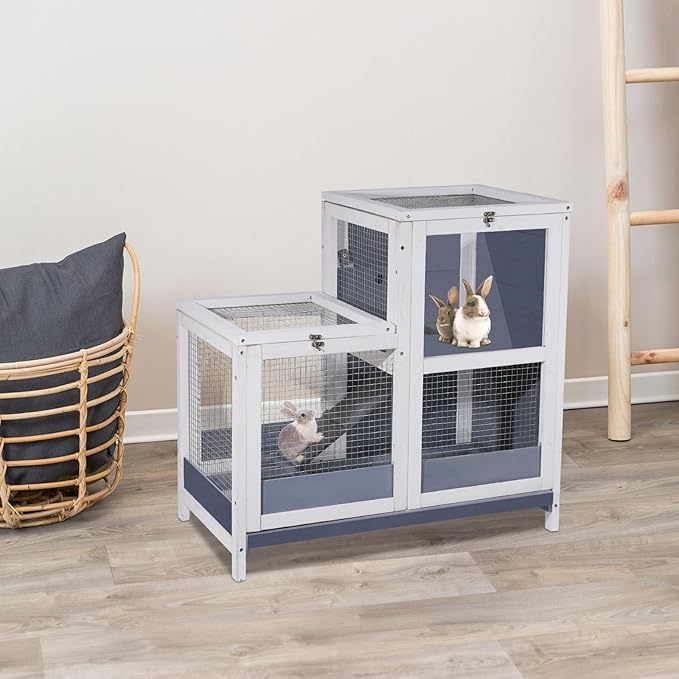 2-Story Guinea Pig Cages Wooden Indoor Rabbit Hutch Hamster Cage with Openable Roofs, Removable Tray and Wide Ramp, Small Animal Habitats for Hamsters, Guinea Pig, Ferrets, Hedgehog-PawvioPets