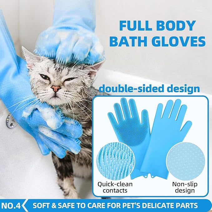 Bath Grooming Kit with Hair Brush, Towel & Scrubber Gloves - 6-in-1 Slicker Brush for Shedding Dogs & Cats, Blue-PawvioPets