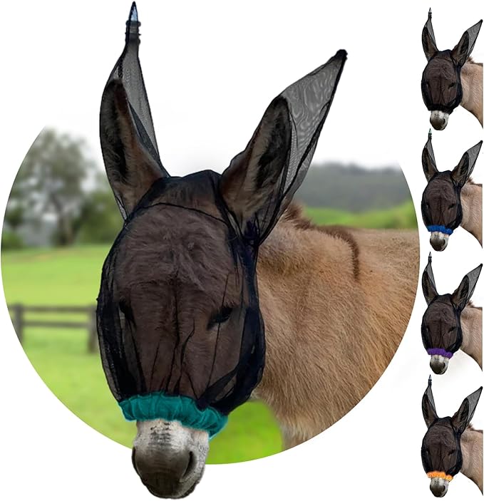 Donkey Fly Mask with Long Ears (Aqua) Made in USA - Mule Fly Mask with Ears Protection from Insects and Bugs, Small Donkey Soft Mesh Fabric with Adjustable Fastener, Face Cover Supplies for Donkeys-PawvioPets