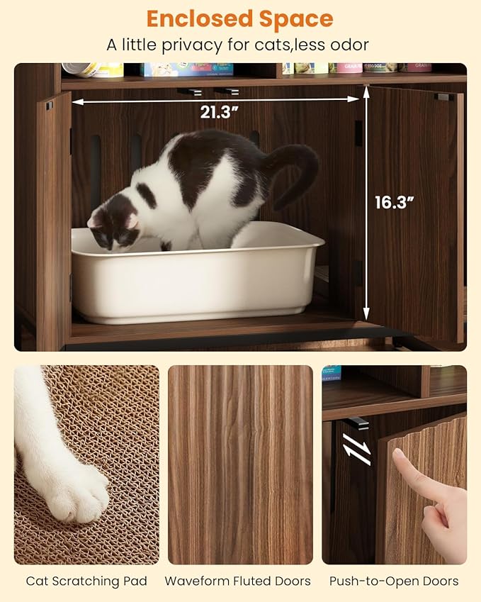 Cat Litter Box Enclosure, Large Hidden Pet Storage Cabinet Furniture with Waveform Fluted Doors & Scratching Pad, Modern Wooden Cat House Indoor for Washroom, Living Room, Bedroom, Rustic Brown-PawvioPets