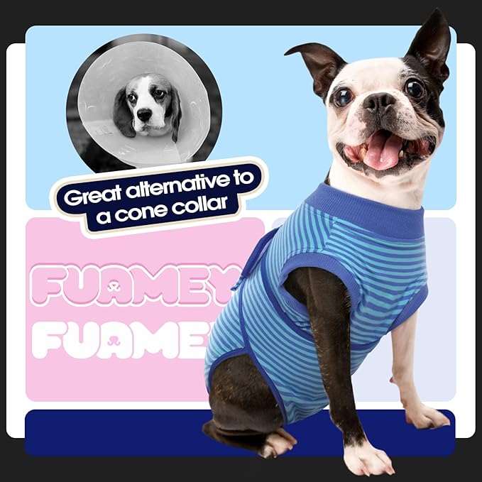 FUAMEY Recovery Suit for Dogs After Surgery,Soft Breathable Dog Bodysuit E-Collar & Cone Alternative Surgical Suit,Male Female Dog Neuter Spay Suits Anti Licking Wounds Onesie Navy Blue Strips XS-PawvioPets