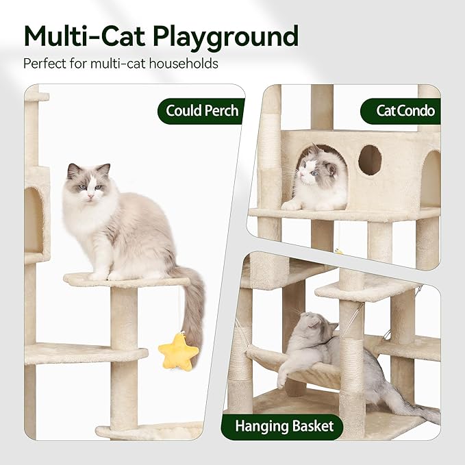 85inch Heavy Duty Cat Tree for Indoor Cats Large Adult, Tall Giant Cat Tower with Scratching Post, Large Perches, Cozy Cat Condos & Hanging Hammocks, Beige-PawvioPets