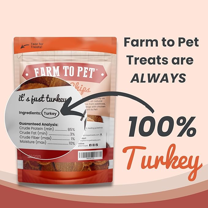 Farm To Pet Dog Training Treats, Healthy Turkey Chips for Dogs - 4 oz, 100% Human Grade Turkey Breast, All Natural, Single Ingredient, Low Allergen Treats for Dogs and Puppies, Made in USA-PawvioPets