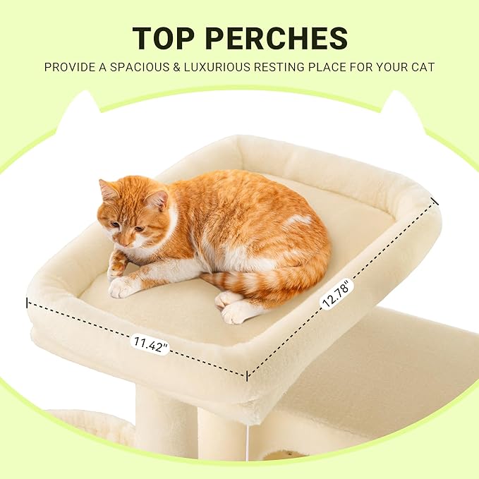 Allewie 64 Inches Cat Tree Tower/Multi-Level Activity Center for Indoor Big Felines/2 Plush Condos/2 Perchs/Basket/House/Sisal Scratching Posts/Hanging Cat Toys/Beige-PawvioPets
