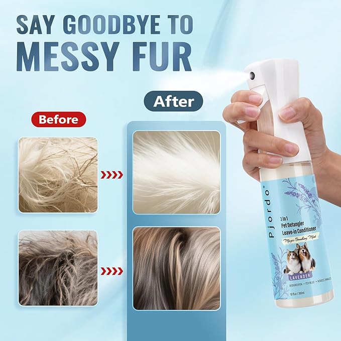Dog Detangler Grooming Spray 10 Fl Oz, Leave in Pet Conditioner for Hair Dematting, Dry Skin & Pet Fur Shedding, Deodorization & Itch Relief & Reduces Tangles, Suitable for All Coat Types-PawvioPets