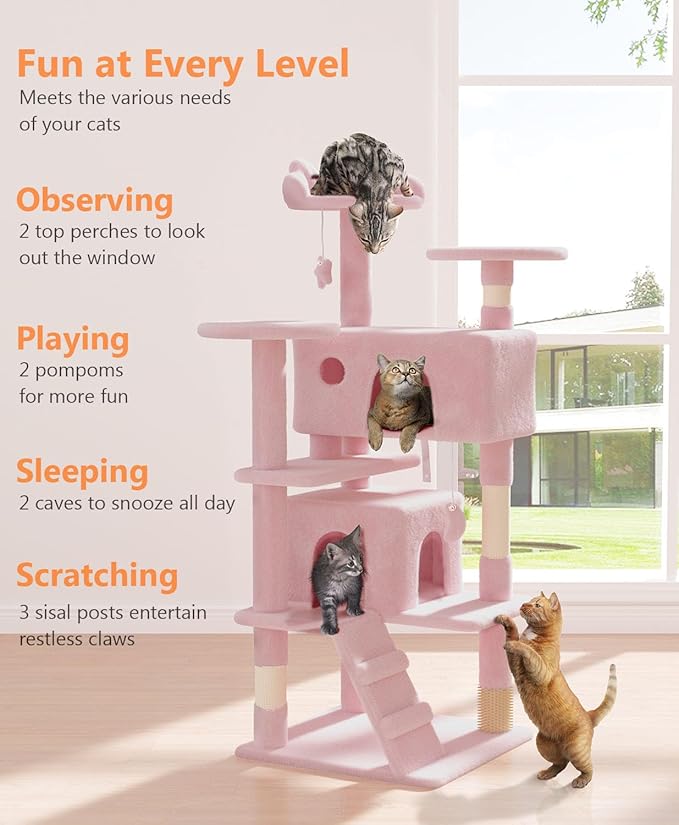 54" Cat tree Tower for Indoor Cats Large Adult,Cute/Tall Modern Cat Tree for Big Cats 20 lbs,Plush Multi-Level Cat Condo with Scratching Posts, Dangling Ball for fun play (Soft Pink, 54 inch)-PawvioPets