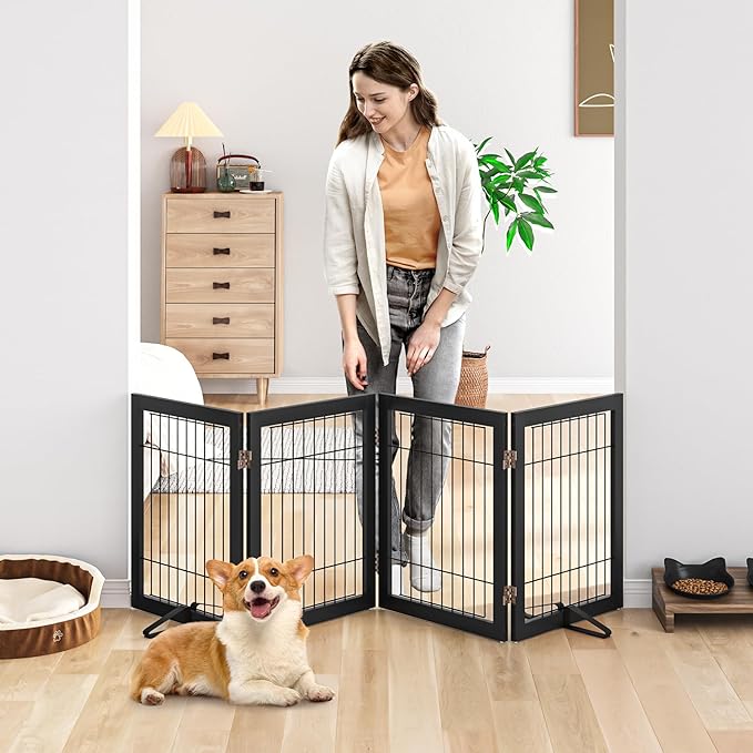 Dog Gate Wire Dog Gates for House Doorways Stairs 24-Inch Freestanding Pet Gate Puppy Fences Indoor (4 Panel, Black)-PawvioPets