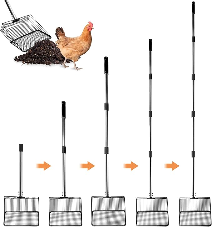 10inch Chicken Poop Scooper, Chicken Coop Scoop for Poop, 4 Sections Extended with 22 to 77inch Stainless Steel Adjustable Handle, Litter Scooper Sifting Shovel-PawvioPets