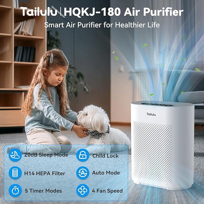 Air Purifiers for Home Large Room up to 2200ft², PM2.5 Air Quality Sensor Smart Mode, 20dB Sleep Mode & Night Light, H14 HEPA Filter Air Purifiers for Bedroom, Pets, Dust, Pollen, Tailulu HQKJ-180-PawvioPets