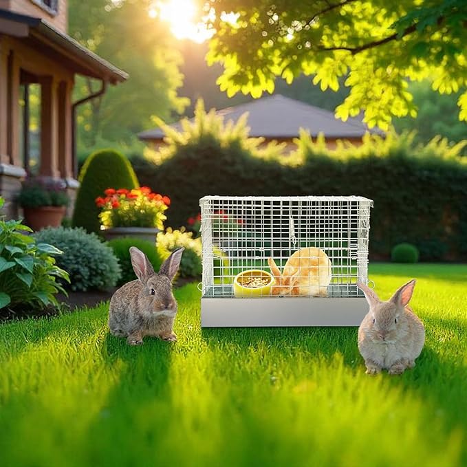 Folding Rabbit Cage, 18 x 10 x 14 in Portable Bunny Carrier with Tray and Handles for Transport, Travel or Temporary Housing, Indoor Outdoor Pet Habitat Animal Enclosure-PawvioPets