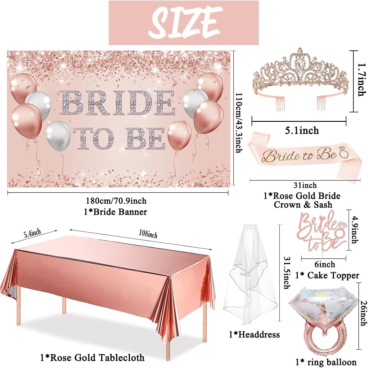 Trgowaul Bachelorette Party Decorations for Women, Rose Gold Bride to Be Banner, Bridal Shower Tiara, Bride to Be Sash&Veil, Bride to Be Cake Topper Bridal Shower Party Decorations Set