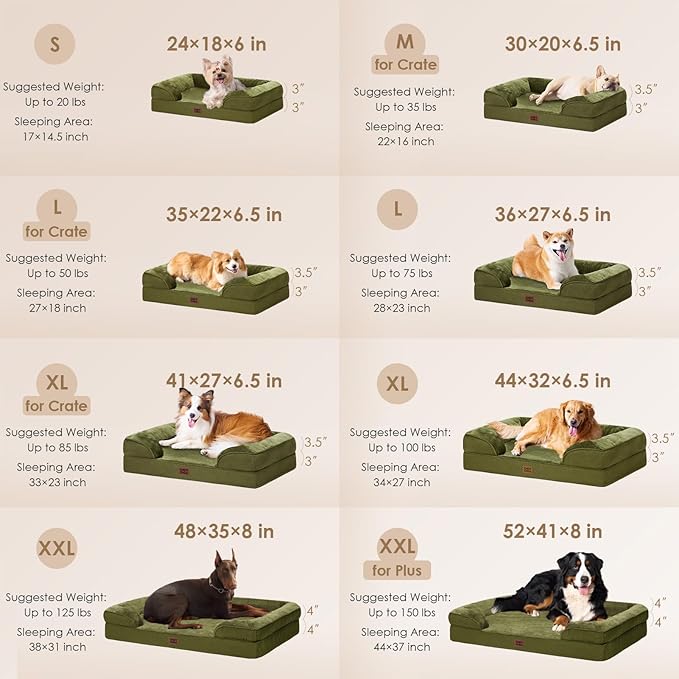 EHEYCIGA Orthopedic Dog Beds Large Sized Dog, Waterproof Memory Foam Pet Bed with Sides, Non-Slip Bottom Large Pet Bed with Washable Removable Cover, Olive Green-PawvioPets