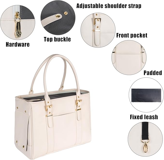 Fashion Pet Carrier Dog Purse Cat Bag Soft-Sided Carriers Travel Airline Approved, Stylish Leather Tote Handbag for Small Animal Puppy Kitten (White)-PawvioPets